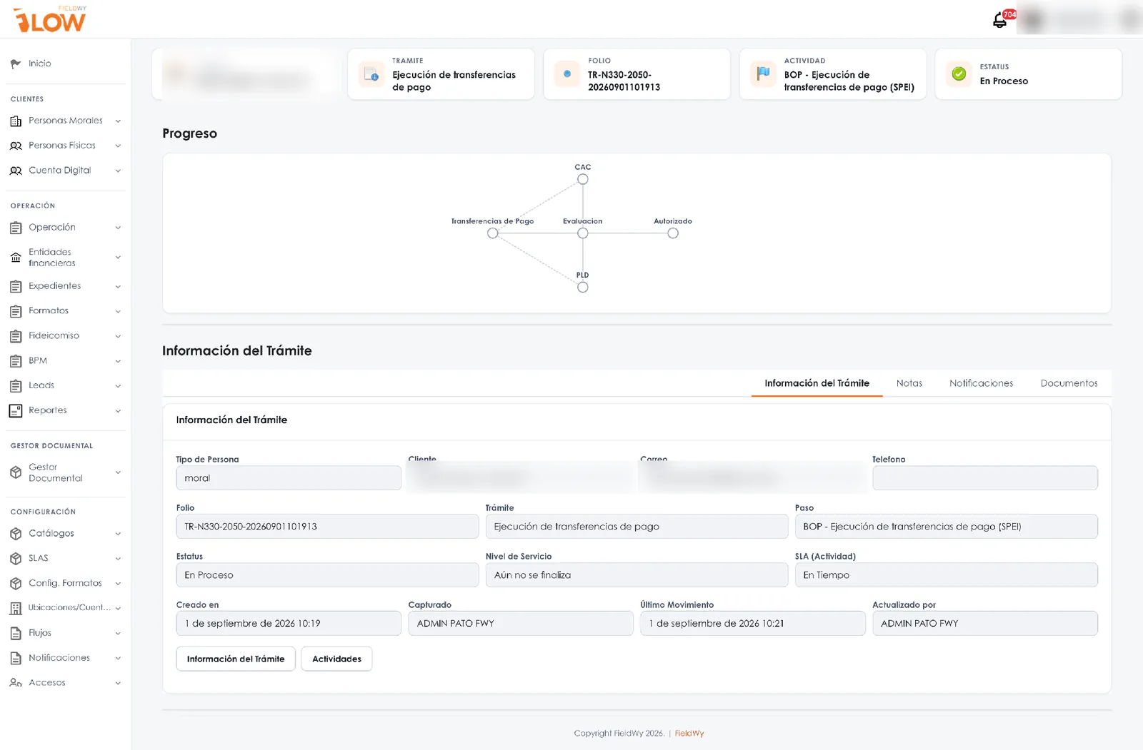 Pantalla real de FieldWy FLOW: detalle de un trámite con folio, etapas y SLA